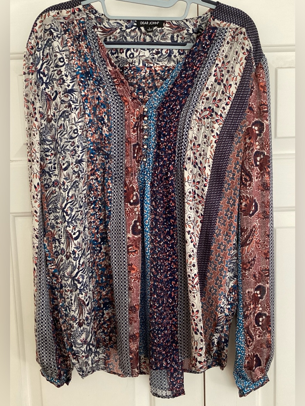 Dear John Boho Mixed Print Patchwork Blouse Front Long Sleeve - Size Large